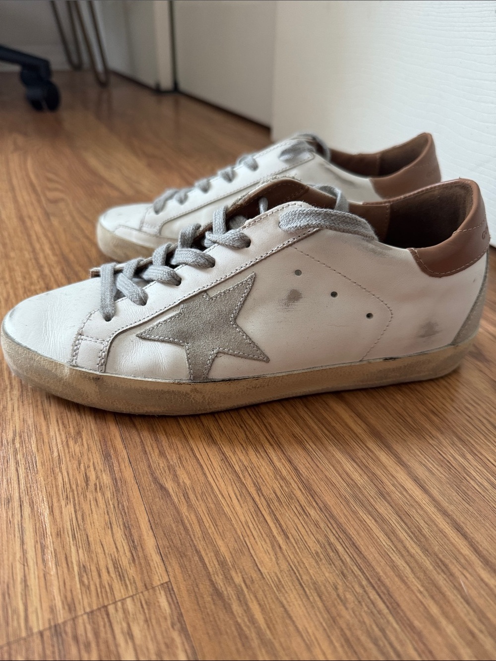 Golden Goose White Leather Sneakers with Gray Suede Star and Brown Heel
